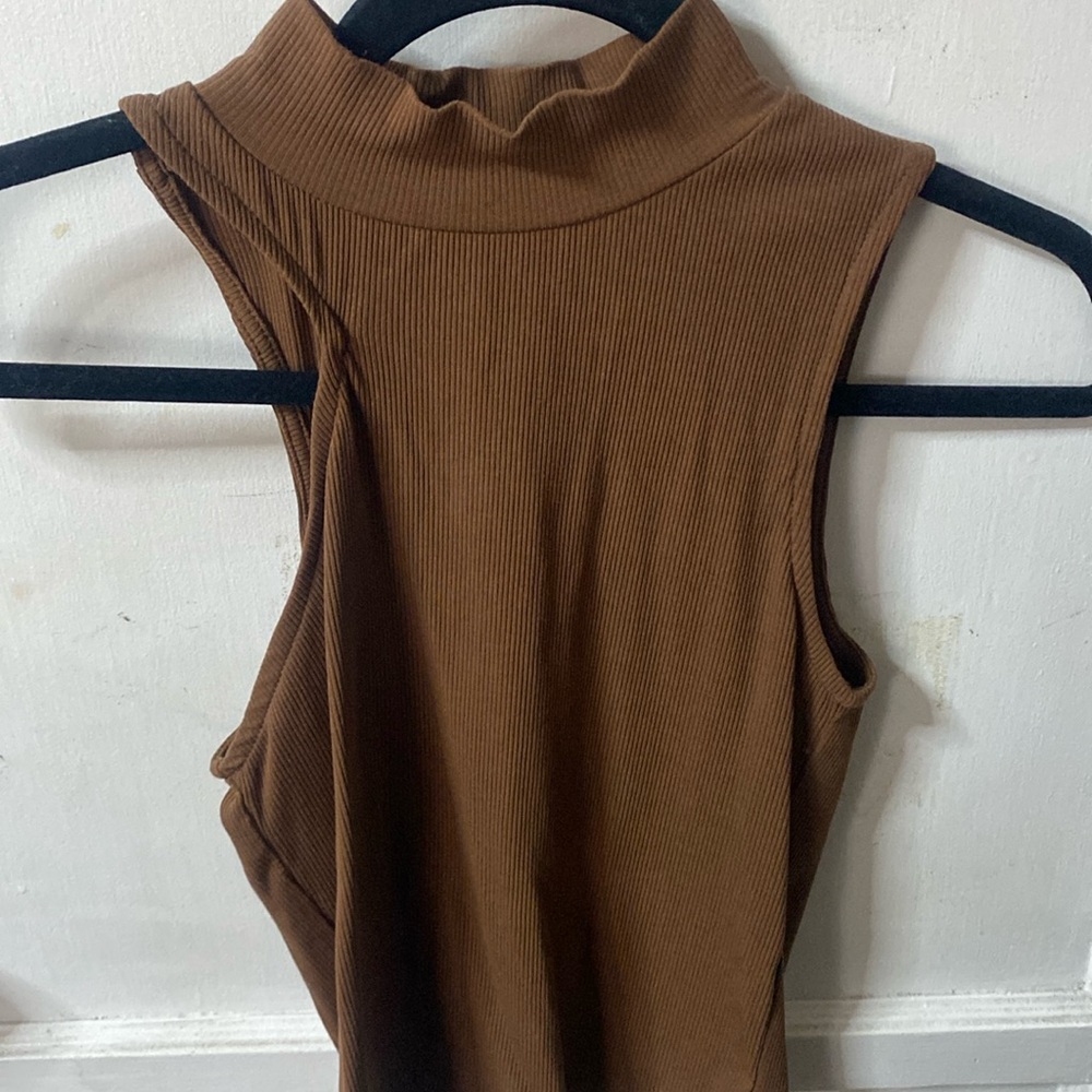 Motif Brown High Neck Cut-out Top